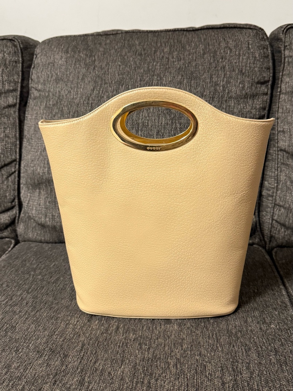 Authentic Gucci Cream Leather Tote with Gold Oval Handle